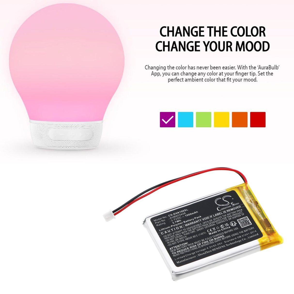 3,7V, Li-Polymer, 1000mAh, Batterie de haut-parleur compatible avec Divoom, Aurabulb, 3,7Wh Haut-parleur Cameron Sino Technology Limited