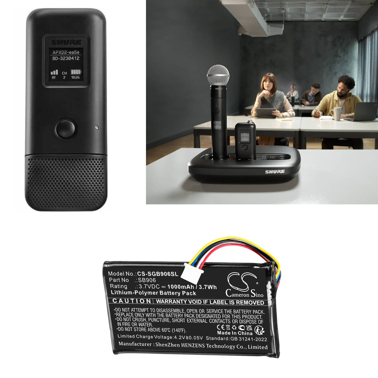 3,7V, Li-Polymer, 1000mAh, Batterie pour émetteurs et récepteurs compatible avec Shure, Mxw1x, Mxw6x, 3,7Wh Émetteurs et récepteur Cameron Sino Technology Limited