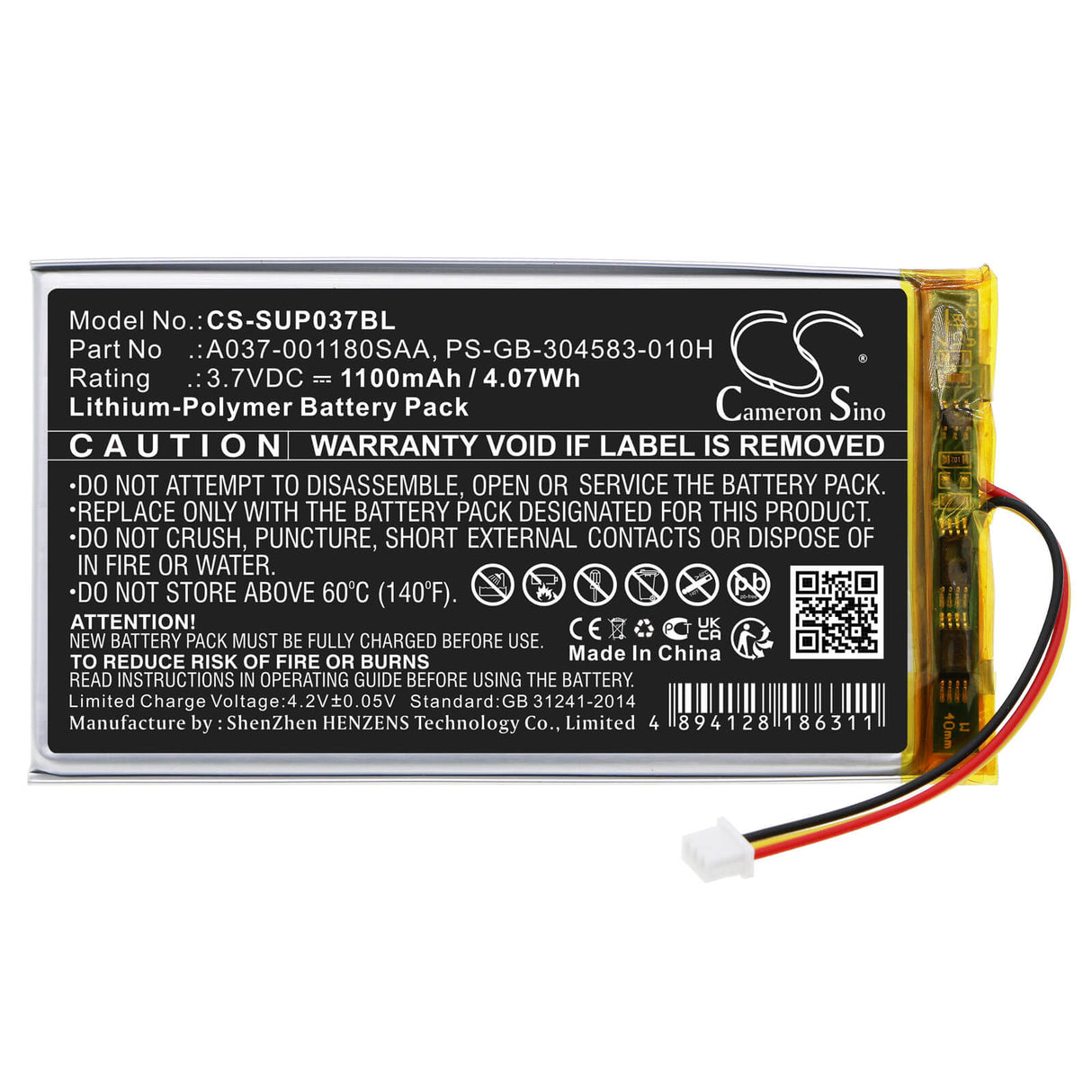 3,7V, Li-Polymer, 1100mAh, batterie pour terminal de paiement compatible avec Sumup, A037-001180saa, 3g, 3g+, 4,07Wh Terminal de paiement Cameron Sino Technology Limited