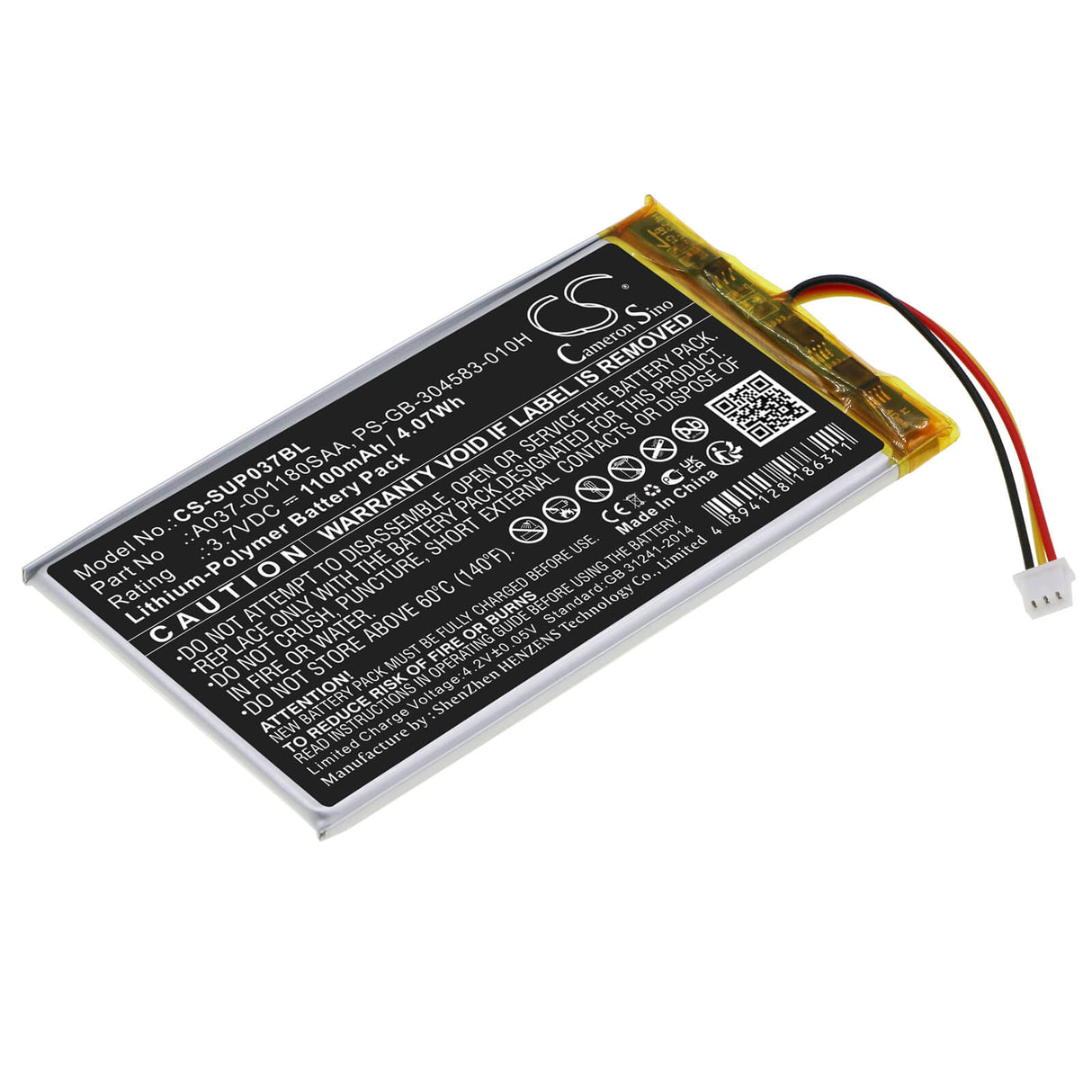 3,7V, Li-Polymer, 1100mAh, batterie pour terminal de paiement compatible avec Sumup, A037-001180saa, 3g, 3g+, 4,07Wh Terminal de paiement Cameron Sino Technology Limited