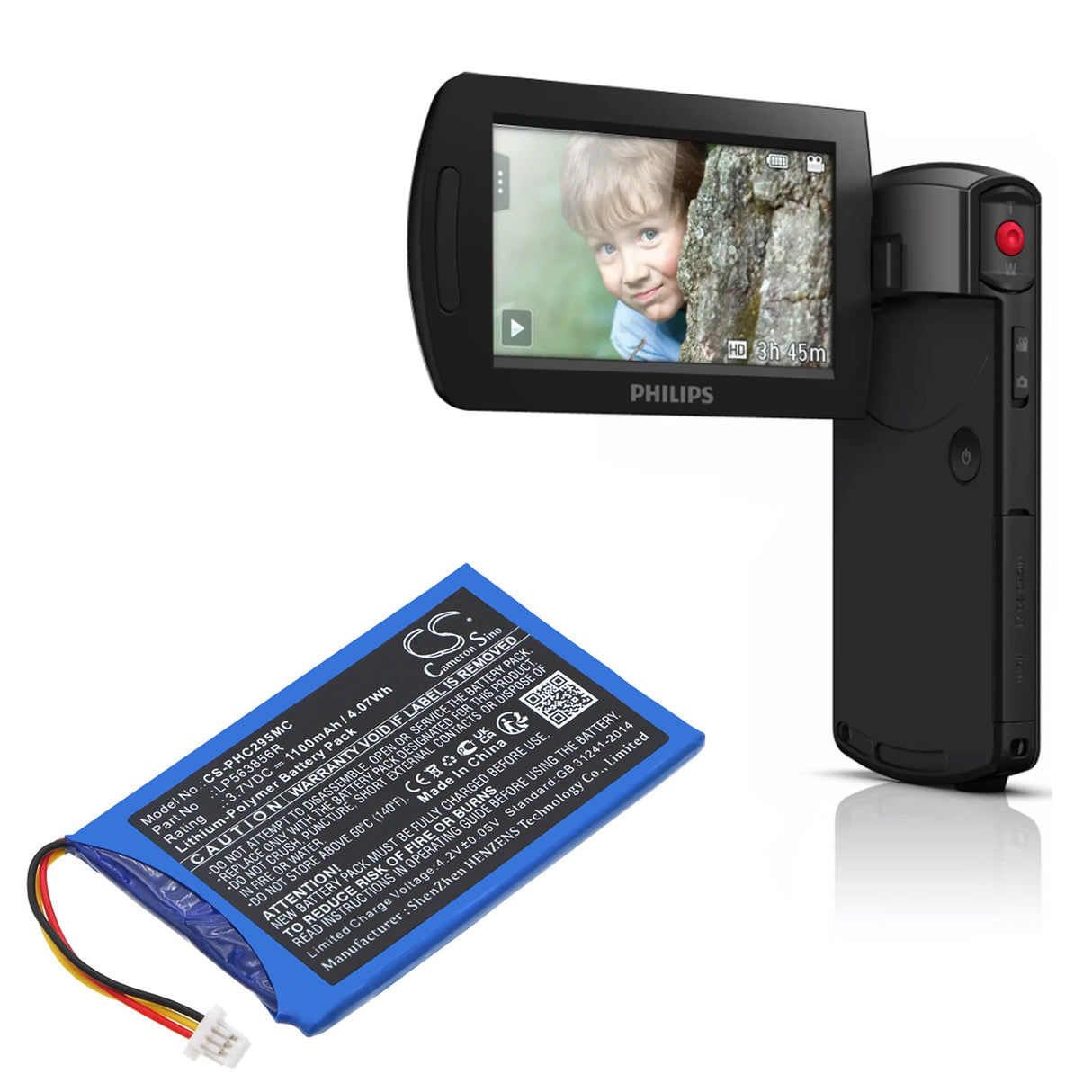 3,7V, Li-Polymère, 1100mAh, Batterie d'appareil photo compatible avec Philips, Lp563856r, Hd Cam 295, 4,07Wh Caméra Cameron Sino Technology Limited (Caméra)