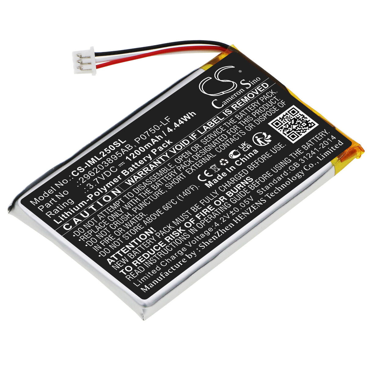 3.7V, Li-Polymer, 1200mAh, batterie de terminal de paiement compatible avec Ingenico, 296203895ab, Link 2500, 4.44Wh Terminal de paiement Cameron Sino Technology Limited