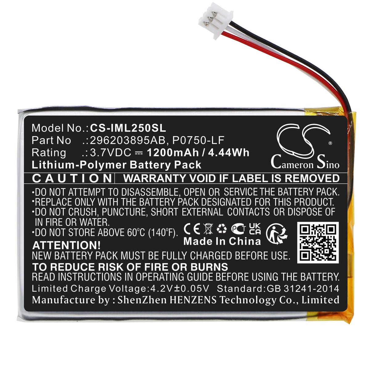3.7V, Li-Polymer, 1200mAh, batterie de terminal de paiement compatible avec Ingenico, 296203895ab, Link 2500, 4.44Wh Terminal de paiement Cameron Sino Technology Limited