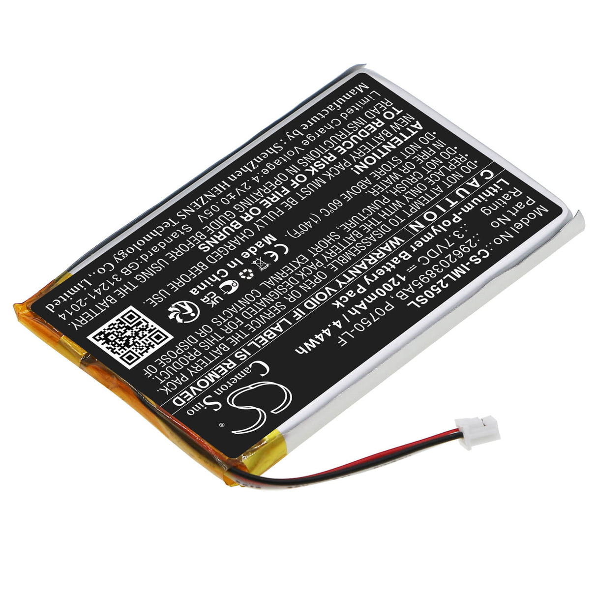 3.7V, Li-Polymer, 1200mAh, batterie de terminal de paiement compatible avec Ingenico, 296203895ab, Link 2500, 4.44Wh Terminal de paiement Cameron Sino Technology Limited