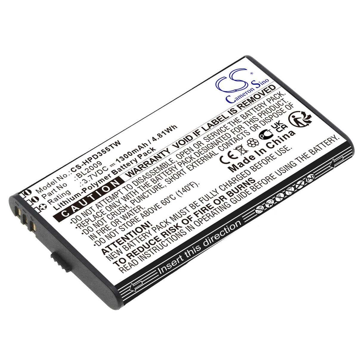3.7V, Li-Polymer, 1300mAh, Two-Way Radio battery fits Hytera, Bl2009, Pd355, Pd362i, 4.81Wh Two-Way Radio Cameron Sino Technology Limited