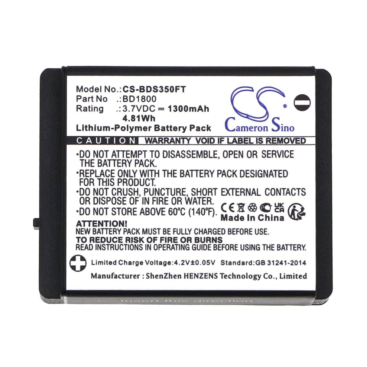 3.7V, Li-Polymer, 1300mAh, Flashlight battery fits Coast, Nitecore, Black Diamond, 620655b, Fl60r, Fl75r, 4.81Wh Flashlight Cameron Sino Technology Limited