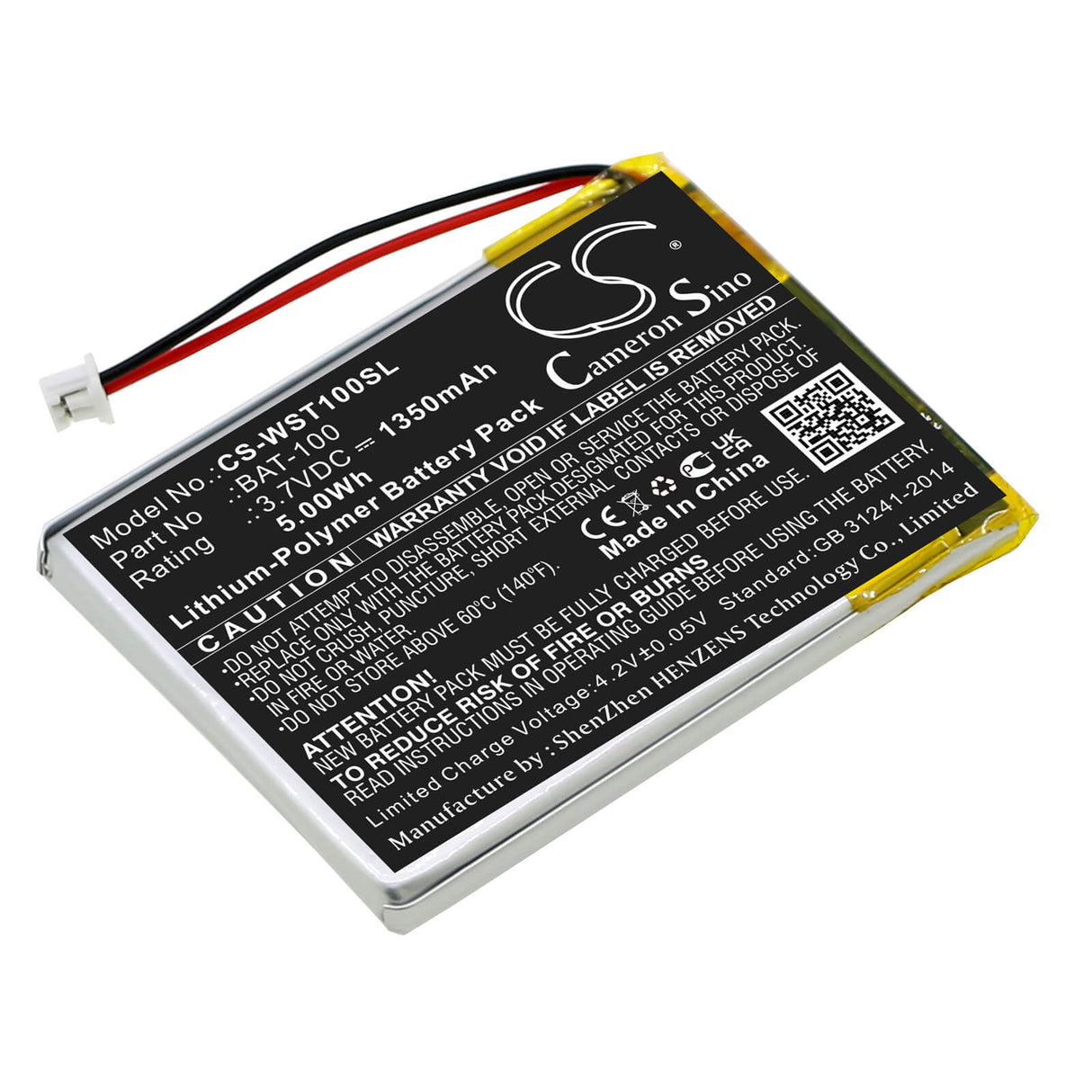 3,7v, Li-polymère, 1350mah, Batterie d'amplificateur compatible avec Williams Sound, Digi-wave Dlt 100, Transcepteurs Digi-wave Dlt, 5,00wh Amplificateur Cameron Sino Technology Limited