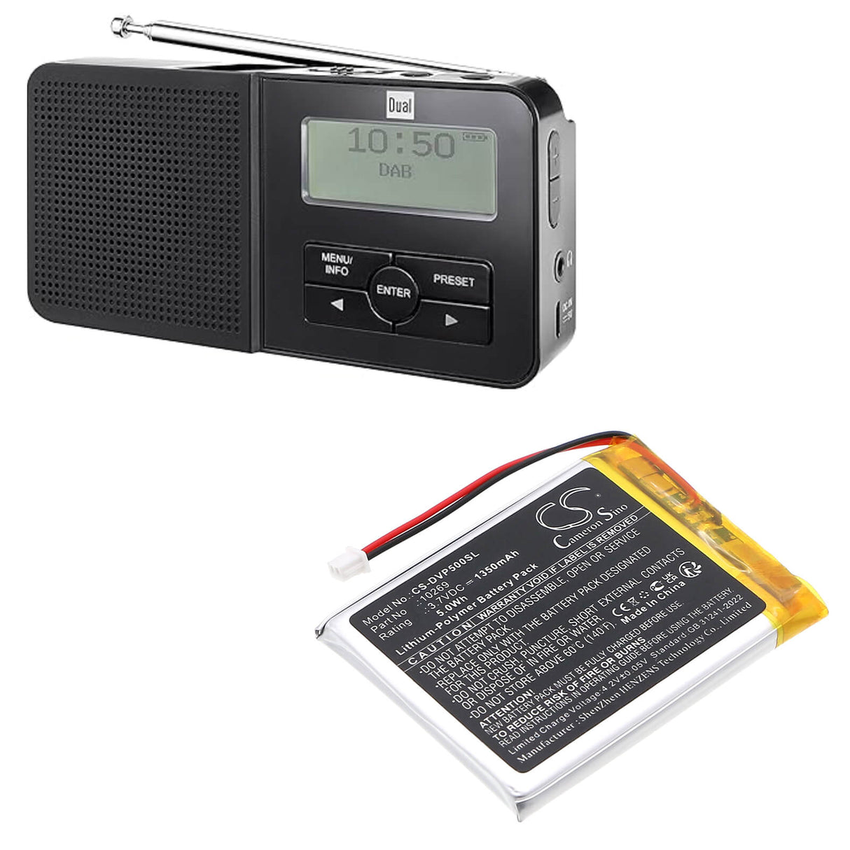 3,7V, Li-Polymer, 1350mAh, batterie numérique DAB adaptée aux appareils Dual, 10269, Dab Pocket Radio 5, 5,0Wh DAB Digital Cameron Sino Technology Limited