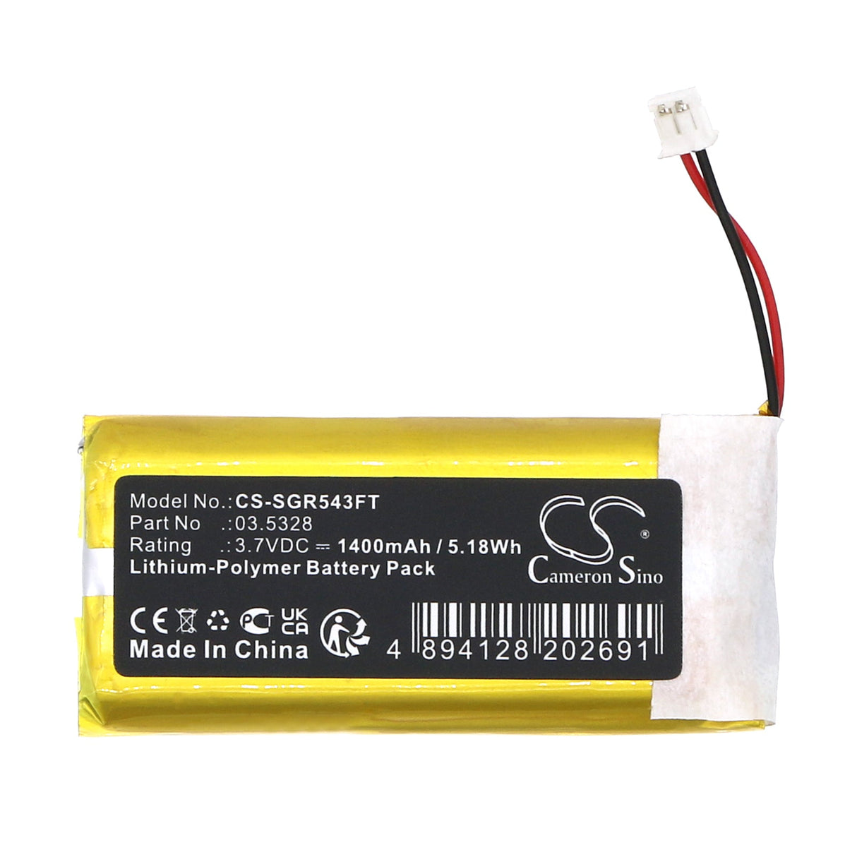 3,7V, Li-Polymer, 1400mAh, batterie de lampe de poche compatible avec Scangrip, 3.5328, 3.5026, 3.5412, 5.18Wh Lampe de poche Cameron Sino Technology Limited