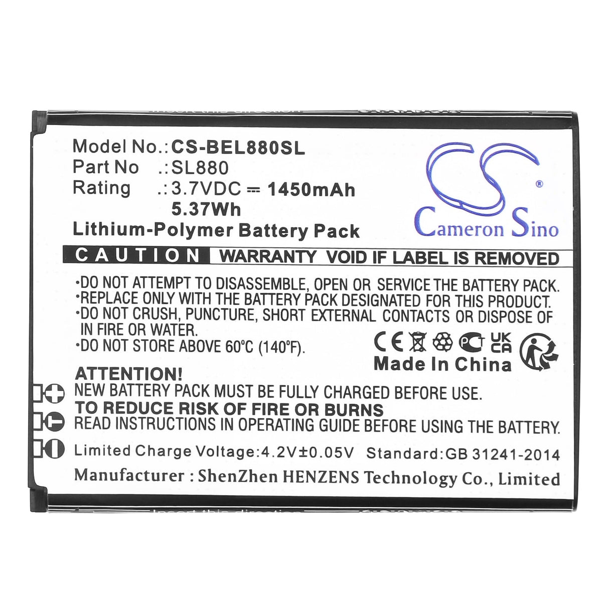 3.7V, Li-Polymer, 1450mAh, SmartPhone battery fits Bea-fon, Sl880, Sl800 4g, Sl880 Touch, 5.37Wh Mobile, SmartPhone Cameron Sino Technology Limited (Smartphone)