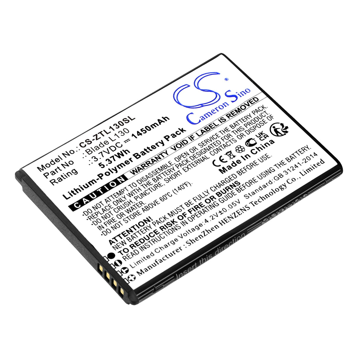 3.7V, Li-Polymer, 1450mAh, SmartPhone battery fits Zte, Li3816t43p4h604550, Blade L130, Grand Max, 5.37Wh Mobile, SmartPhone Cameron Sino Technology Limited (Smartphone)