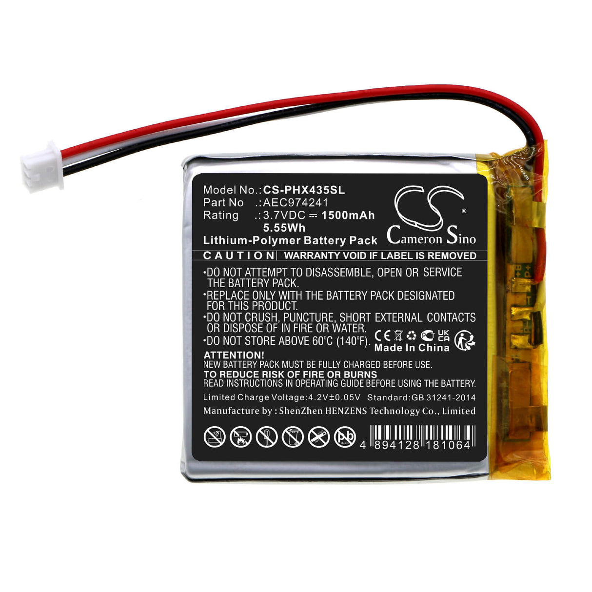 3.7V, Li-Polymer, 1500mAh, Batterie de projecteur compatible avec Philips, Aec974241, Ppx4350, 5.55Wh Projecteur Cameron Sino Technology Limited