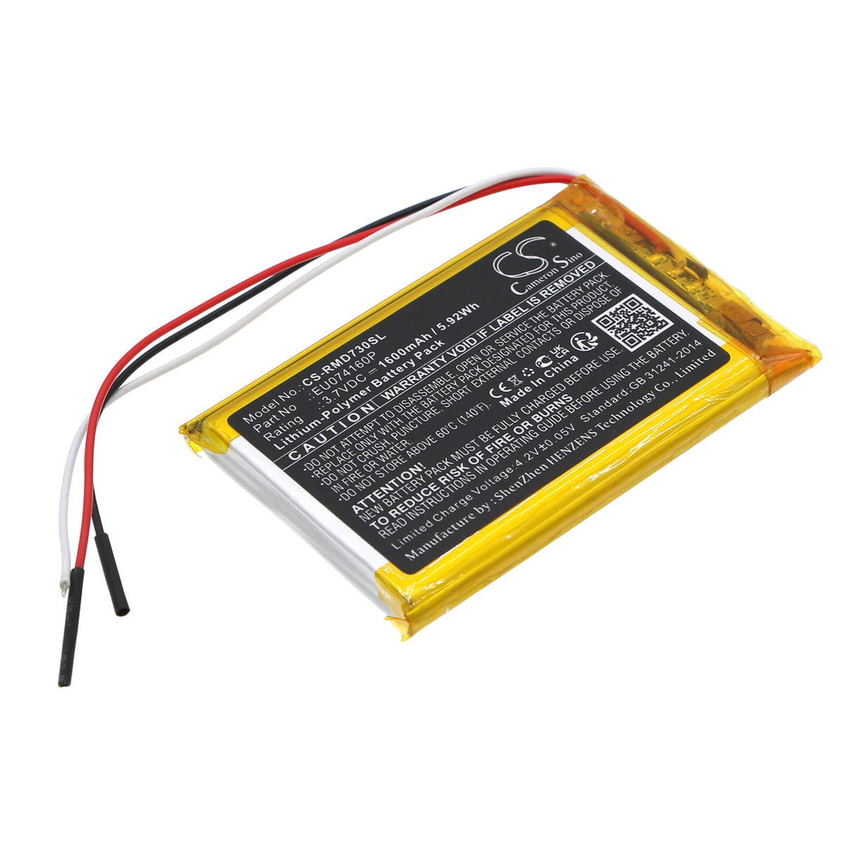 3.7V, Li-Polymère, 1600mAh, batterie GPS convient à Rand Mcnally, Eu074160p, Tnd-730, 5.92Wh GPS, Navigateur Cameron Sino Technology Limited