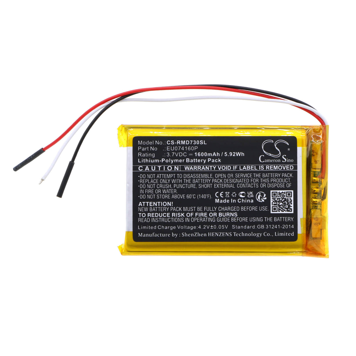 3.7V, Li-Polymère, 1600mAh, batterie GPS convient à Rand Mcnally, Eu074160p, Tnd-730, 5.92Wh GPS, Navigateur Cameron Sino Technology Limited