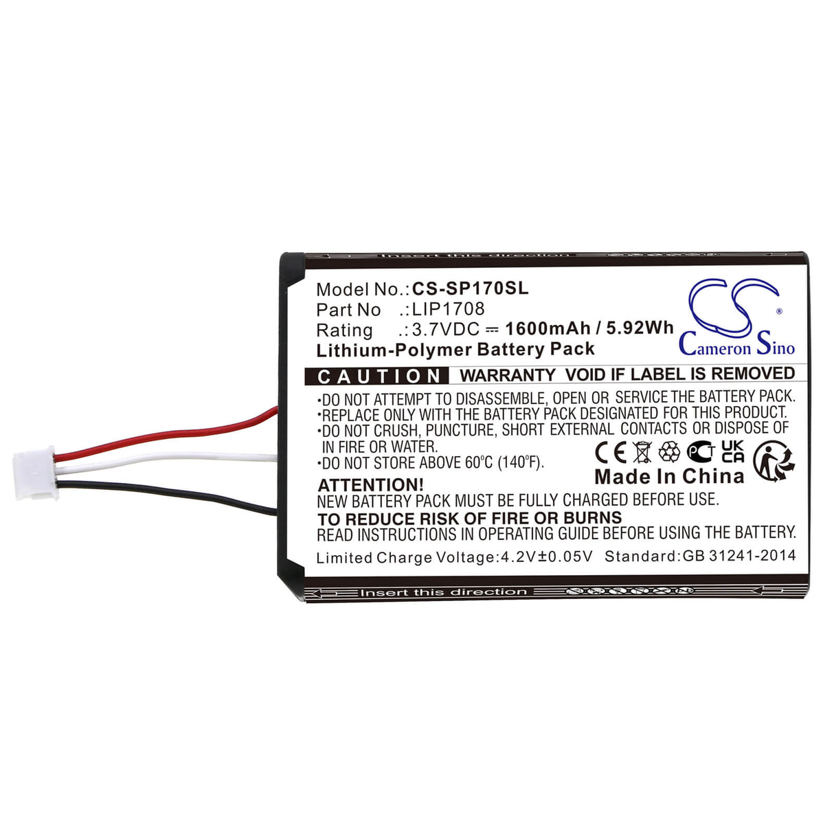 3.7V, Li-Polymer, 1600mAh, batterie de console de jeu compatible avec Sony, Lip1708, Cfi-1015a, Cfi-zct1w, 5.92Wh Console de jeu Cameron Sino Technology Limited