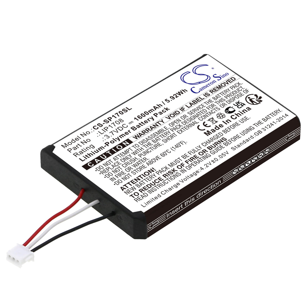 3.7V, Li-Polymer, 1600mAh, batterie de console de jeu compatible avec Sony, Lip1708, Cfi-1015a, Cfi-zct1w, 5.92Wh Console de jeu Cameron Sino Technology Limited