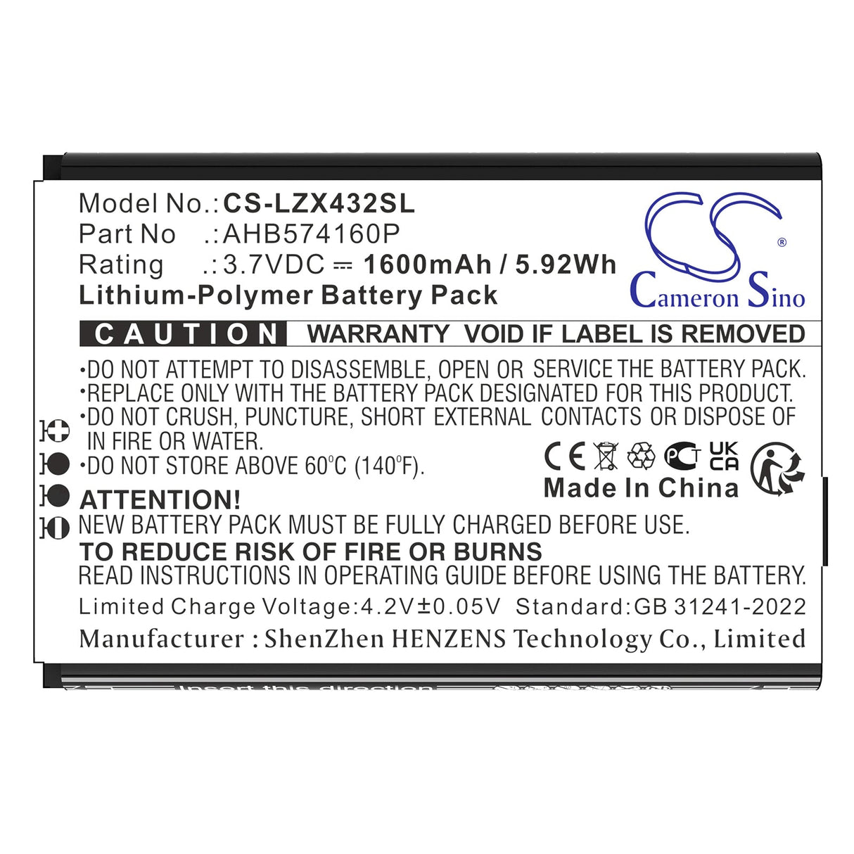 3.7V, Li-Polymère, 1600mAh, batterie de scanner de diagnostic compatible avec Launch, X431, X431 Diagun, 5.92Wh Scanner de diagnostic Cameron Sino Technology Limited