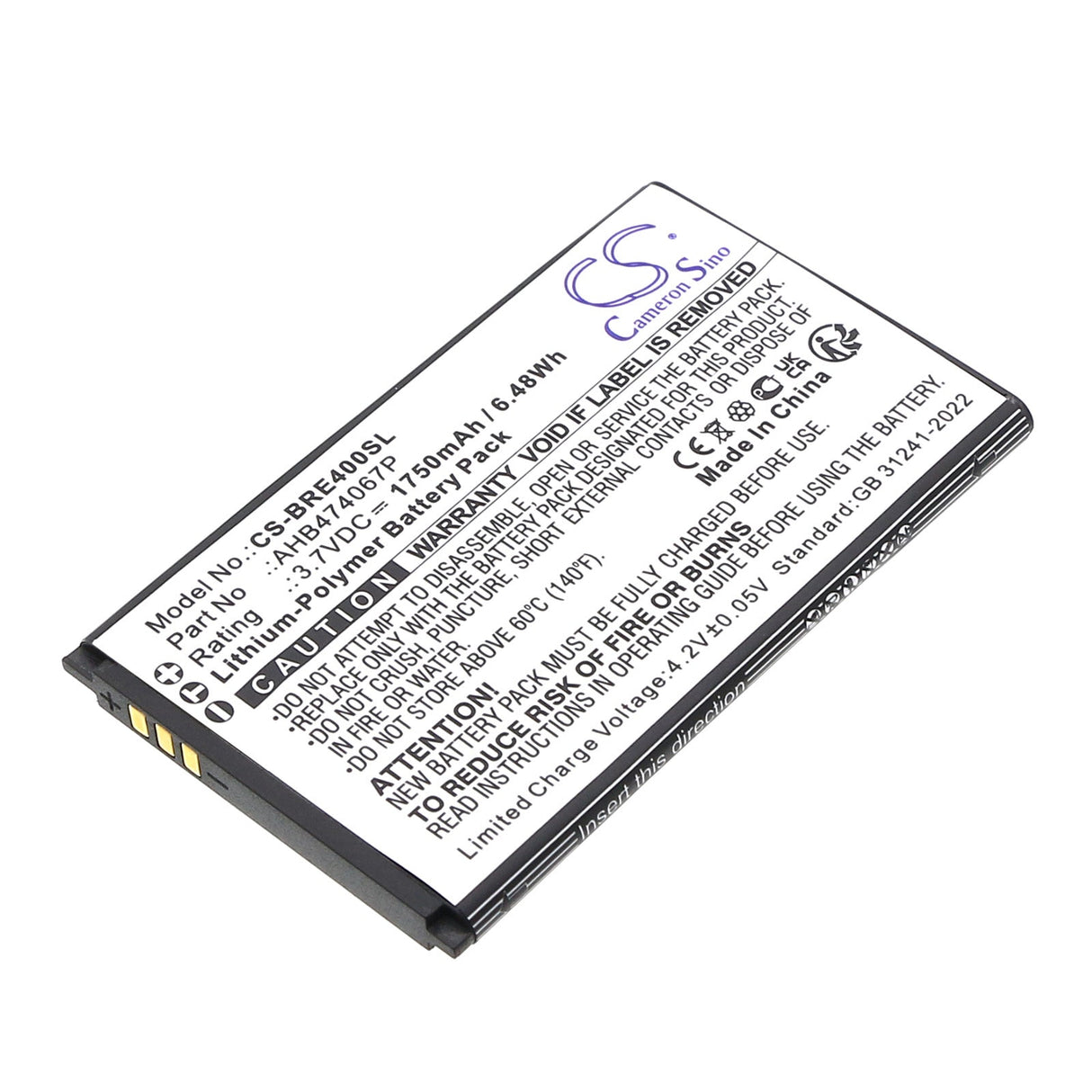 3,7 V, Li-Polymère, 1750mAh, batterie Mobile, Smartphone convient à Brondi, Ahb474067p, Energy 4g, 6,48Wh Mobile, Smartphone Cameron Sino Technology Limited (Smartphone)