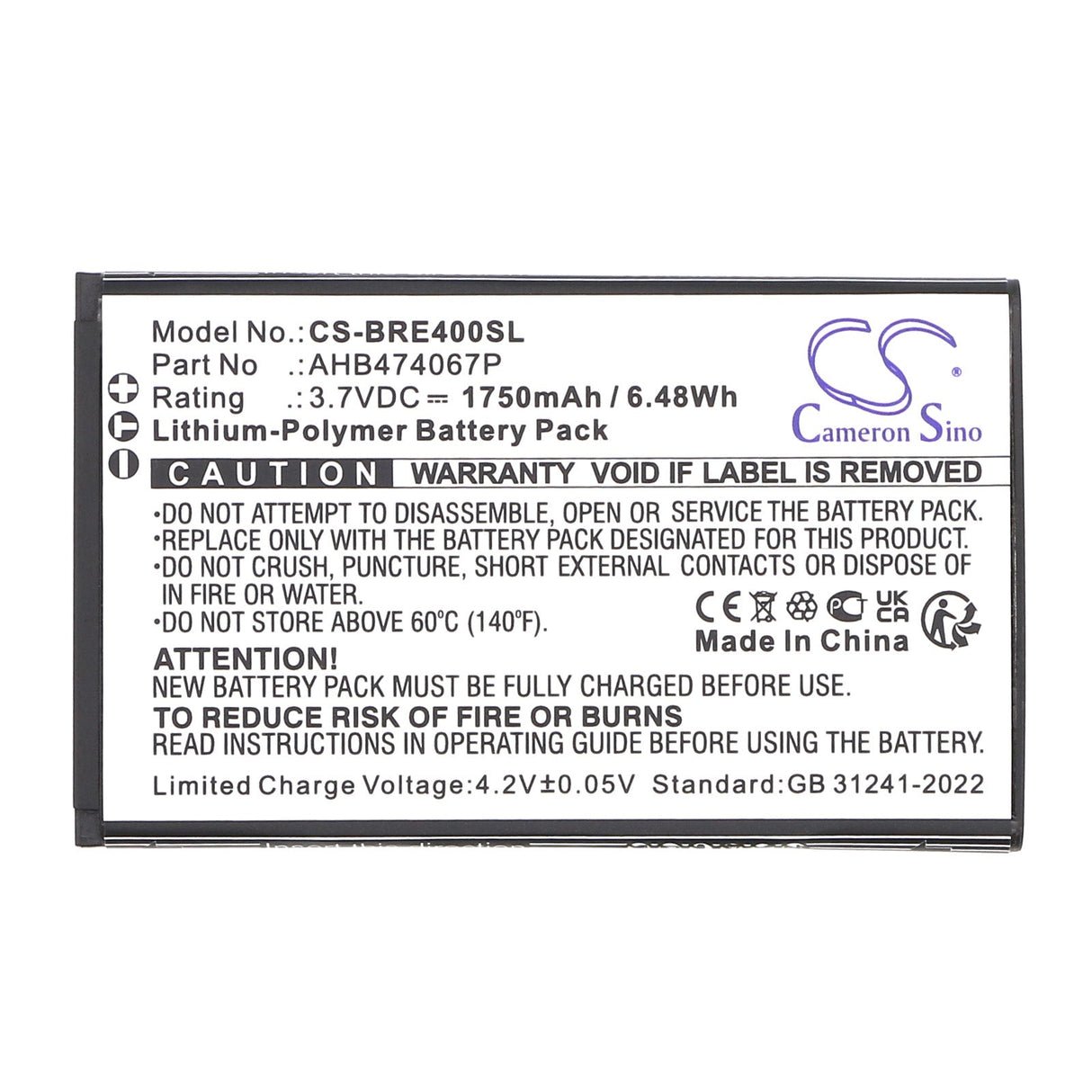 3,7 V, Li-Polymère, 1750mAh, batterie Mobile, Smartphone convient à Brondi, Ahb474067p, Energy 4g, 6,48Wh Mobile, Smartphone Cameron Sino Technology Limited (Smartphone)