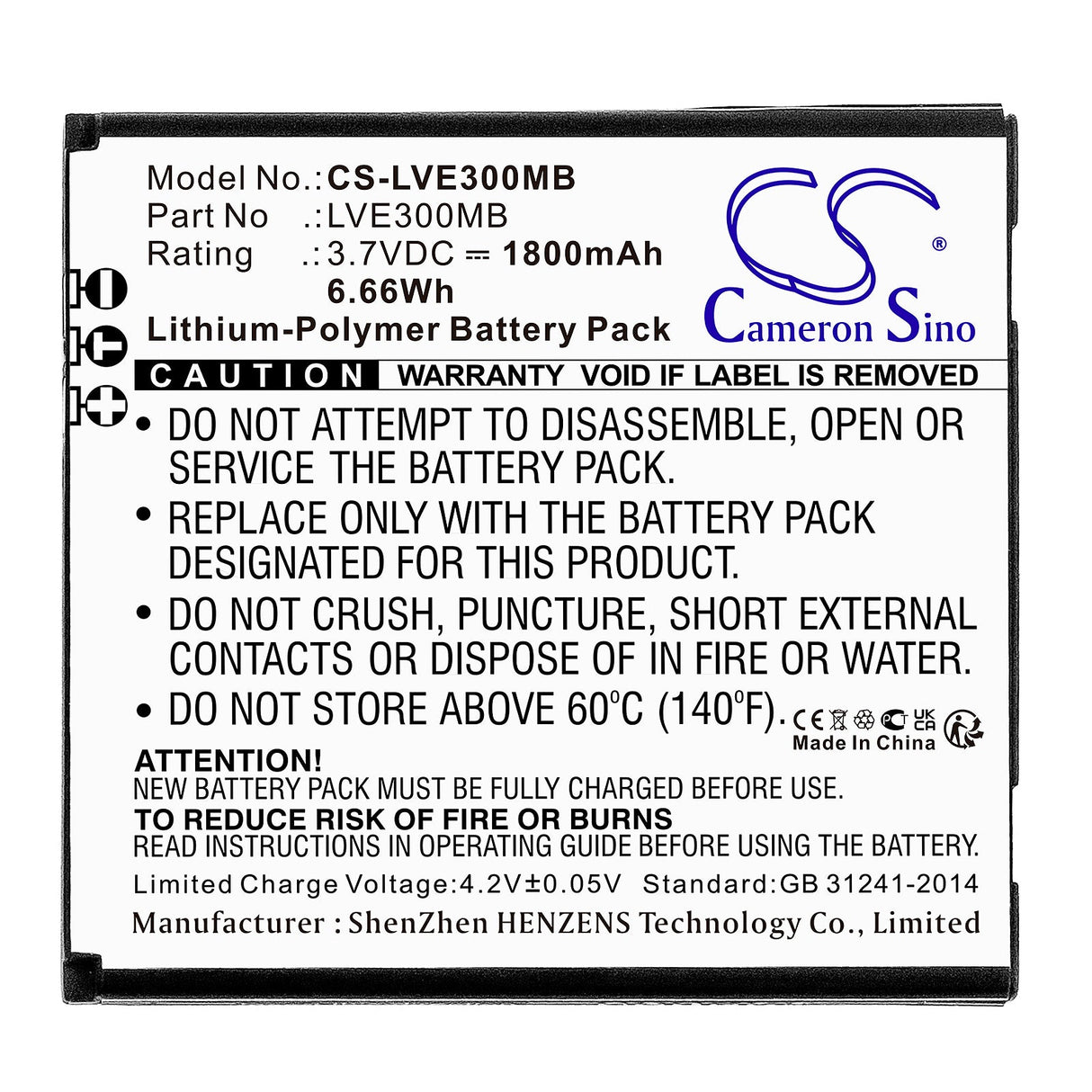 3.7v, Li-polymère, 1800mah, Batterie de moniteur pour bébé Babyphone Compatible avec Levana 30018pu, Astra, 6.66wh BabyPhone Cameron Sino Technology Limited