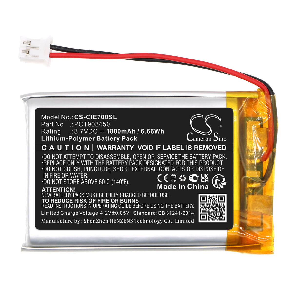3,7V, Li-Polymère, 1800mAh, Batterie de casque s'adapte à Coinsound, Pct903450, E7, E7 Pro, 6,66Wh Casque sans fil Cameron Sino Technology Limited