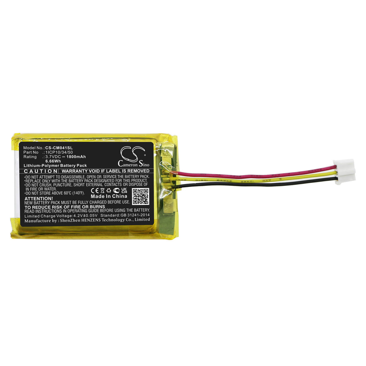 3,7V, Li-Polymer, 1800mAh, Pack de batterie s'adapte aux Packs de Batteries Personnalisés, 1icp10/34/50, 6,66Wh Pack de Batterie Cameron Sino Technology Limited