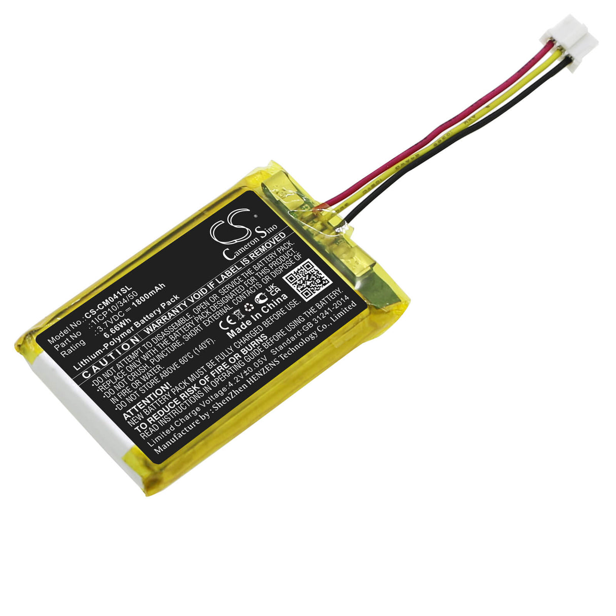 3,7V, Li-Polymer, 1800mAh, Pack de batterie s'adapte aux Packs de Batteries Personnalisés, 1icp10/34/50, 6,66Wh Pack de Batterie Cameron Sino Technology Limited