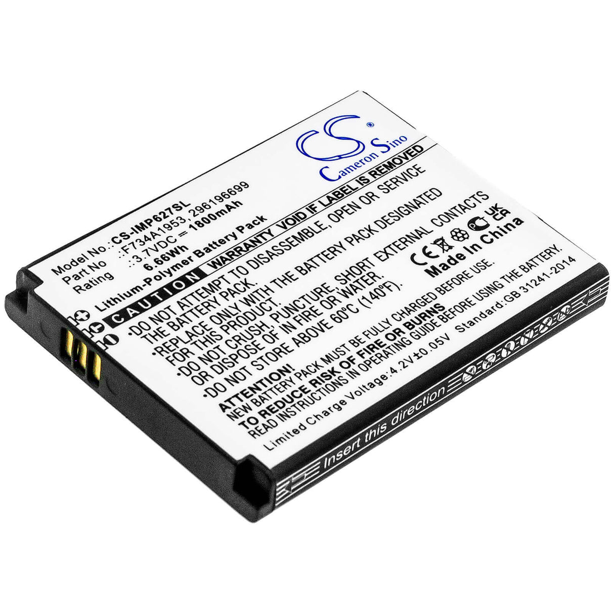 3.7V, Li-Polymer, 1800mAh, Payment Terminal battery fits Ingenico, 296196699, Imp627, Imp627-usblu01a, 6.66Wh Payment Terminal Cameron Sino Technology Limited