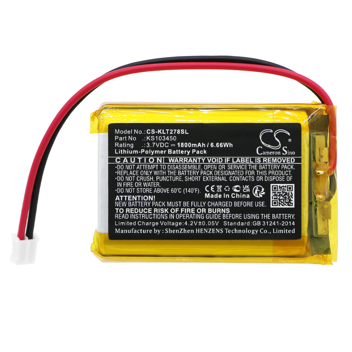3,7V, Li-Polymer, 1800mAh, Batterie d'équipement compatible avec Kolsol, Ks103450, AT278, 6,66Wh Équipement, Enquête, Test Cameron Sino Technology Limited