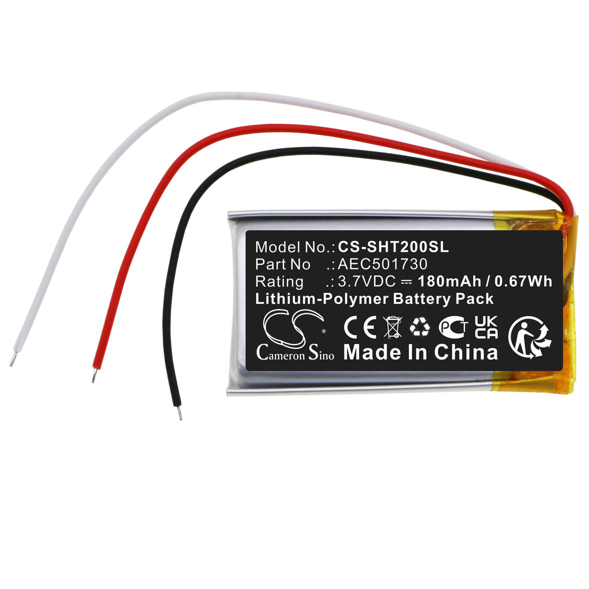 3.7V, Li-Polymer, 180mAh, Headset battery fits Shure, Aec501730, Rmce-bt2, 0.67Wh Wireless Headset Cameron Sino Technology Limited