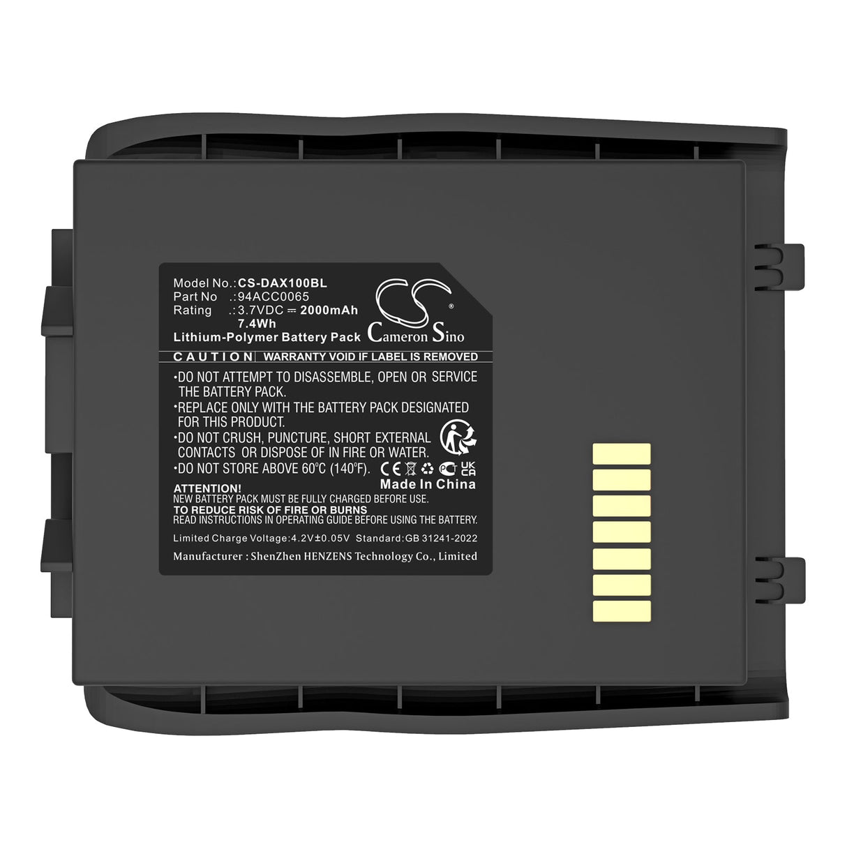 3.7V, Li-Polymer, 2000mAh, Batterie de scanner de code-barres compatible avec Datalogic, 50-btec, Lynx, 7.4Wh Scanner de code-barres Cameron Sino Technology Limited