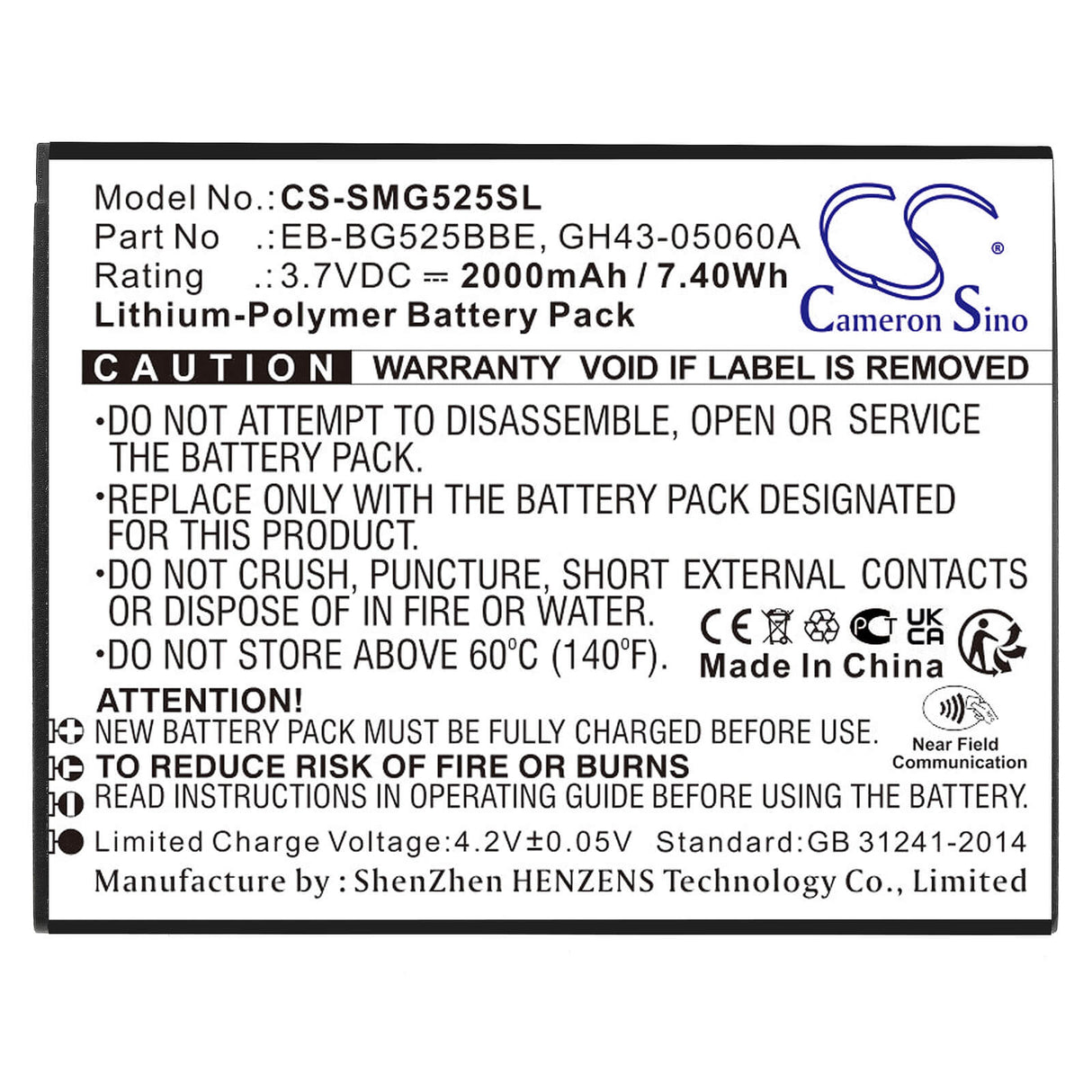 3,7V, Li-Polymer, 2000mAh, batterie de smartphone compatible avec Samsung, Eb-bg525bbe, Galaxy Xcover 5, Galaxy Xcover 5 2021, 7,4Wh Mobile, Smartphone Cameron Sino Technology Limited (Smartphone)
