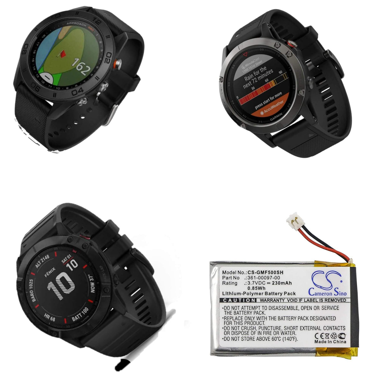 3.7V, Li-Polymer, 230mAh, GPS battery fits Garmin, Fenix 6X, 361-00097-00, Approach S60, Fenix 5, 0.85Wh GPS, Navigator Cameron Sino Technology Limited