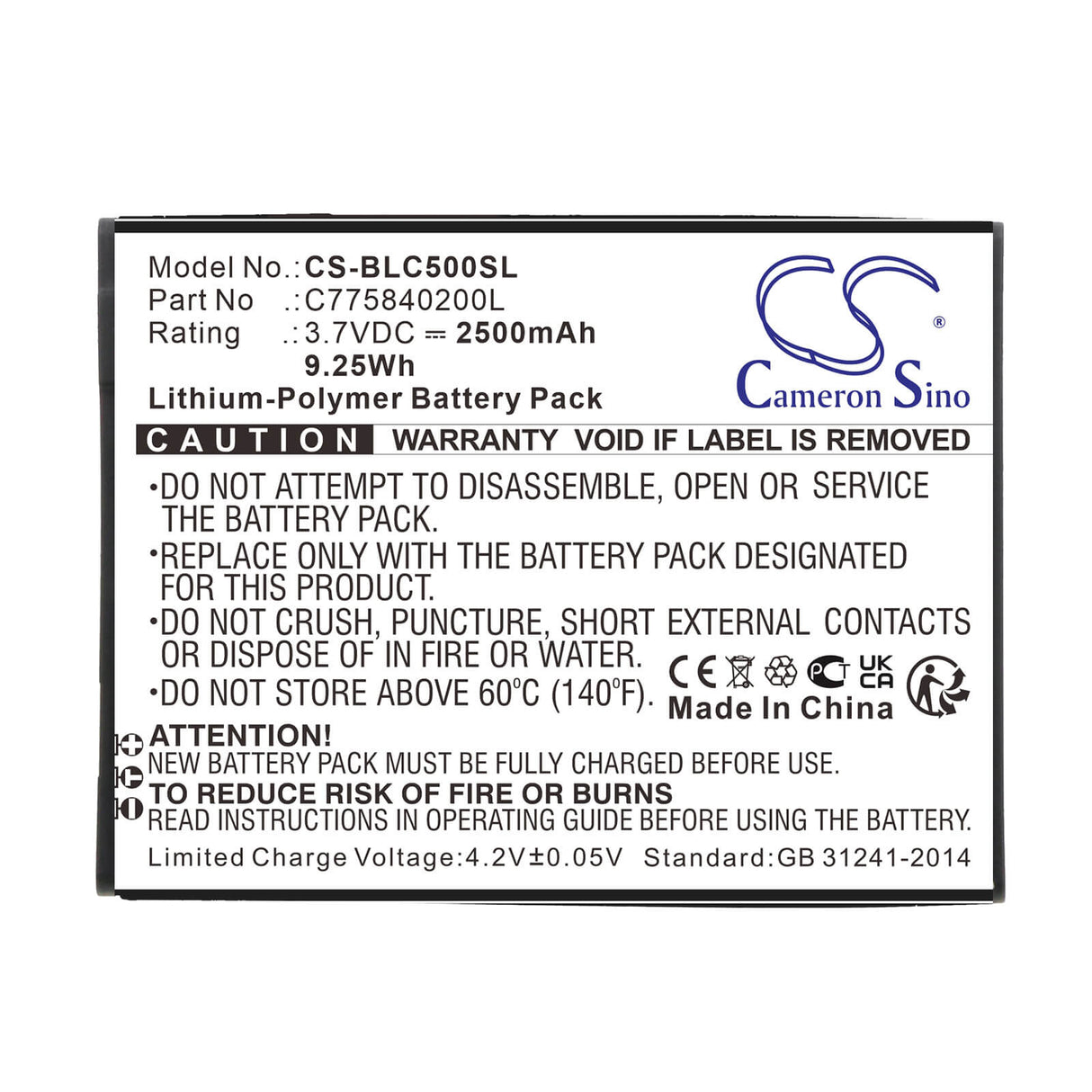 3.7V, Li-Polymer, 2500mAh, SmartPhone battery fits Blu, C775840200l, C010q, C5, 9.25Wh Mobile, SmartPhone Cameron Sino Technology Limited (Smartphone)