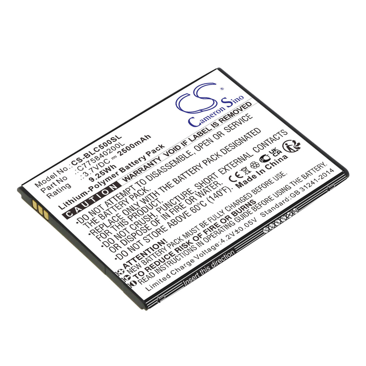 3.7V, Li-Polymer, 2500mAh, SmartPhone battery fits Blu, C775840200l, C010q, C5, 9.25Wh Mobile, SmartPhone Cameron Sino Technology Limited (Smartphone)