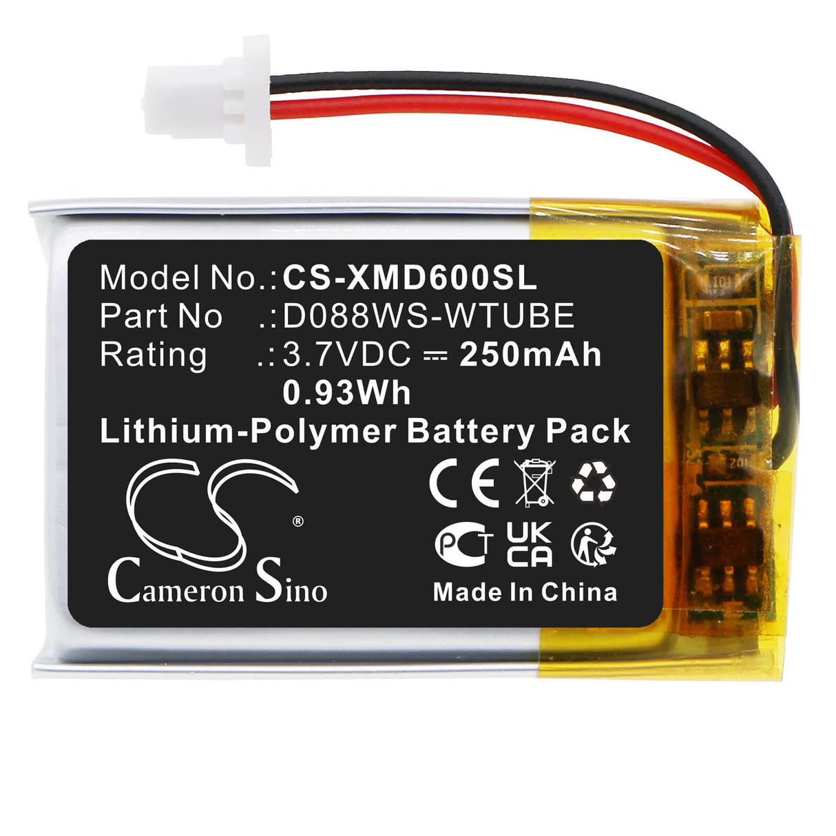 3.7V, Li-Polymer, 250mAh, Headset battery fits Xp Metal Detectors, D088ws-wtube, Ws Audio Headphones, Ws4, 0.93Wh Wireless Headset Cameron Sino Technology Limited