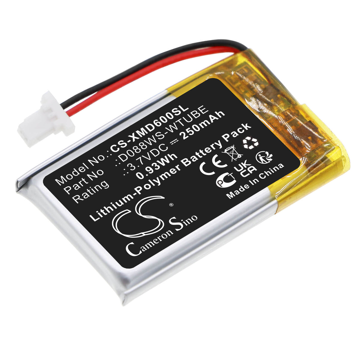 3.7V, Li-Polymer, 250mAh, Headset battery fits Xp Metal Detectors, D088ws-wtube, Ws Audio Headphones, Ws4, 0.93Wh Wireless Headset Cameron Sino Technology Limited