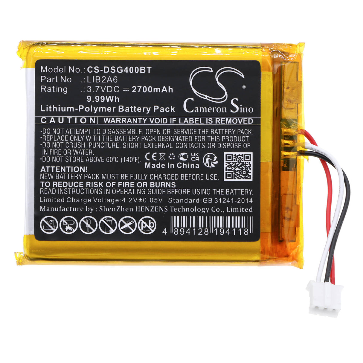 3.7v, Li-polymer, 2700mah, Alarm Battery Fits Dsc, 3g4005, Gsm Communicators Gs4005, 9.99wh Alarm System Cameron Sino Technology Limited