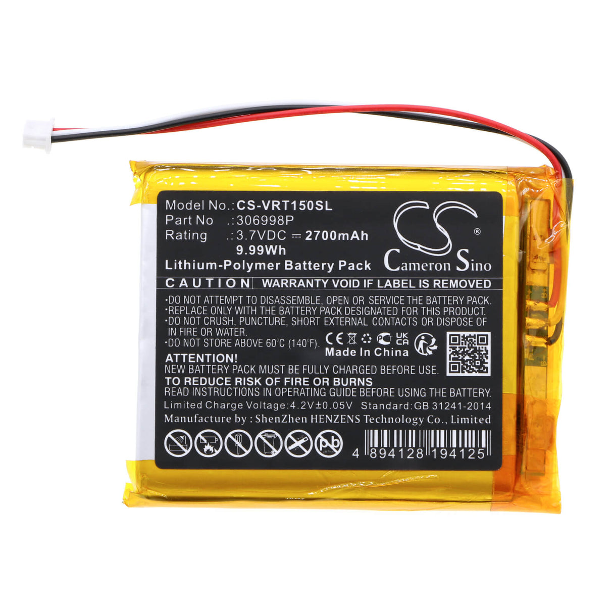 3,7V, Li-Polymère, 2700mAh, Batterie de caméra thermique compatible avec Voltcraft, 306998p, Bs-1000t, Bs-1500t, 9,99Wh Caméra thermique Cameron Sino Technology Limited