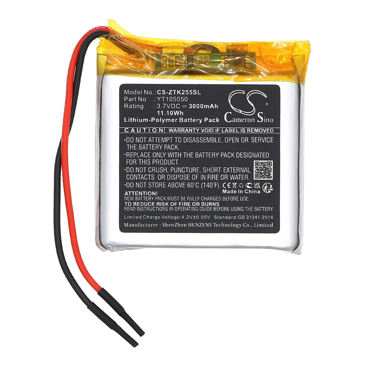 3.7V, Li-Polymer, 3000mAh, Batterie d'équipement convient à Zkteco, Aqd-v43-w, Multifonctionnel Air Quality De, 11.1Wh Équipement, Enquête, Test Cameron Sino Technology Limited
