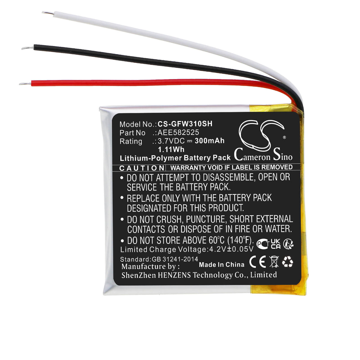 3.7V, Li-Polymer, 300mAh, Smartwatch battery fits Golf Buddy, Aee582525, Wtx, Wtx+, 1.11Wh Smartwatch Cameron Sino Technology Limited