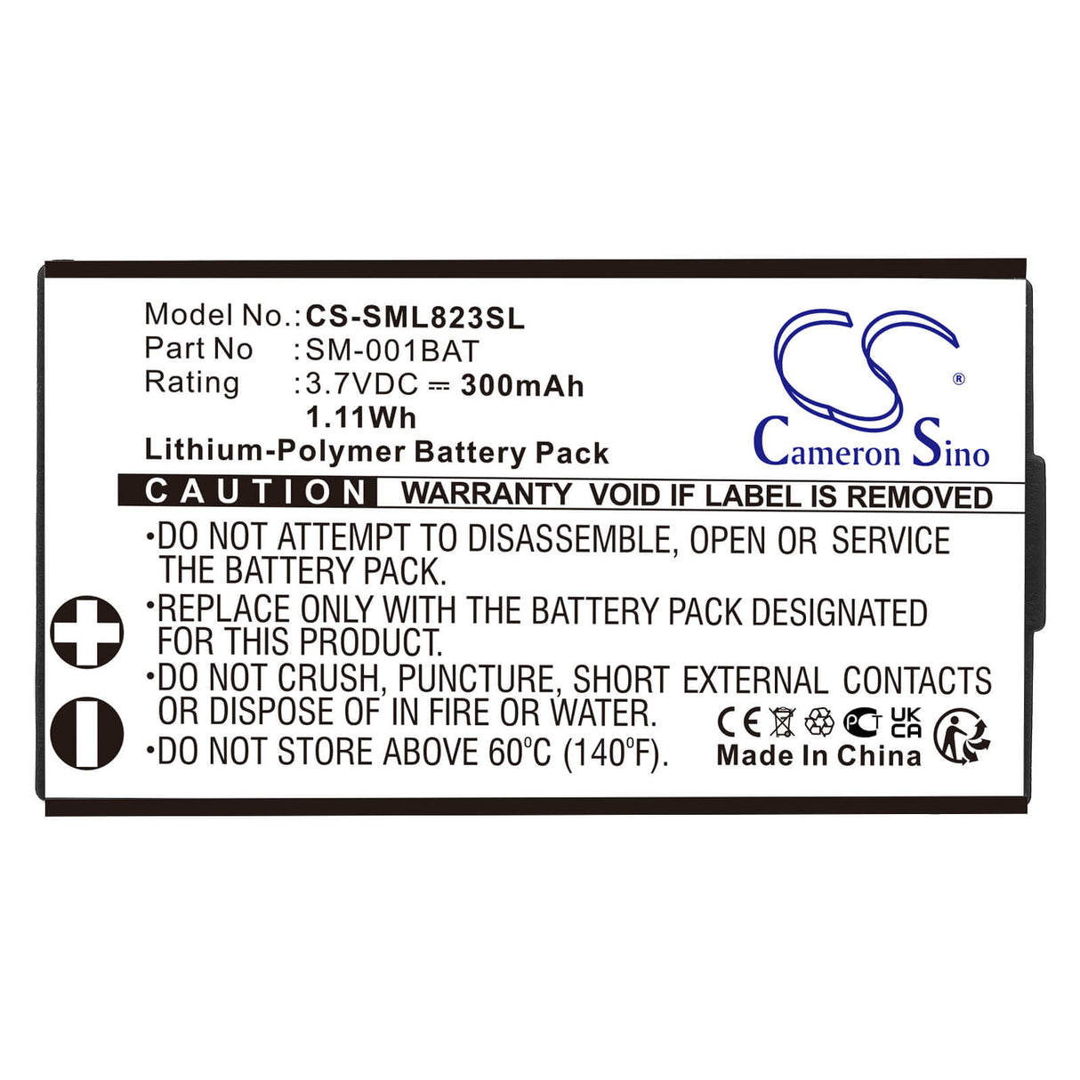 3.7V, Li-Polymer, 300mAh, Headset battery fits Simolio, Sm-001bat, Sm-823, Sm-823d, 1.11Wh Wireless Headset Cameron Sino Technology Limited