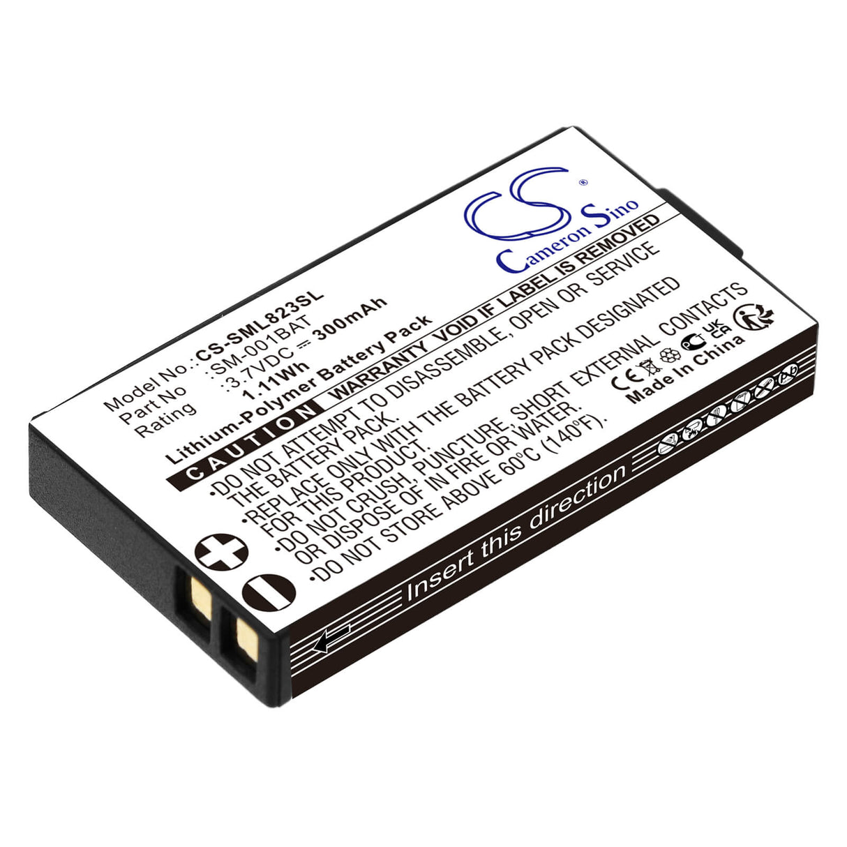 3.7V, Li-Polymer, 300mAh, Headset battery fits Simolio, Sm-001bat, Sm-823, Sm-823d, 1.11Wh Wireless Headset Cameron Sino Technology Limited