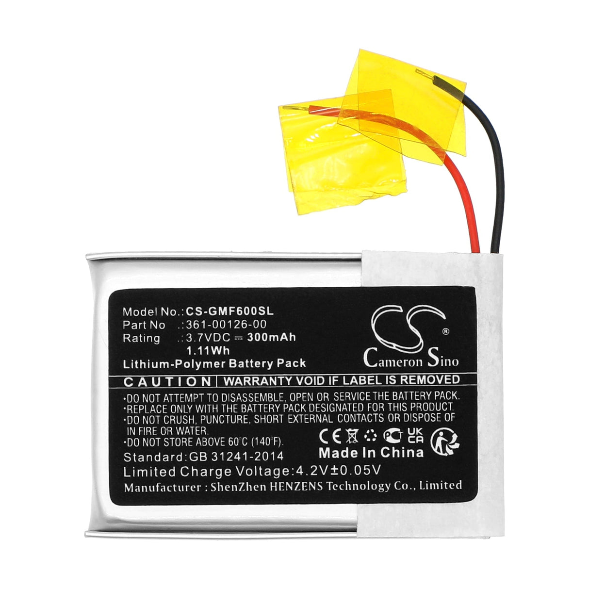 3.7V, Li-Polymer, 300mAh, Smartwatch battery fits Garmin, 361-00126-00, Fenix 6x, Fenix 6x Pro Solar, 1.11Wh Smartwatch Cameron Sino Technology Limited