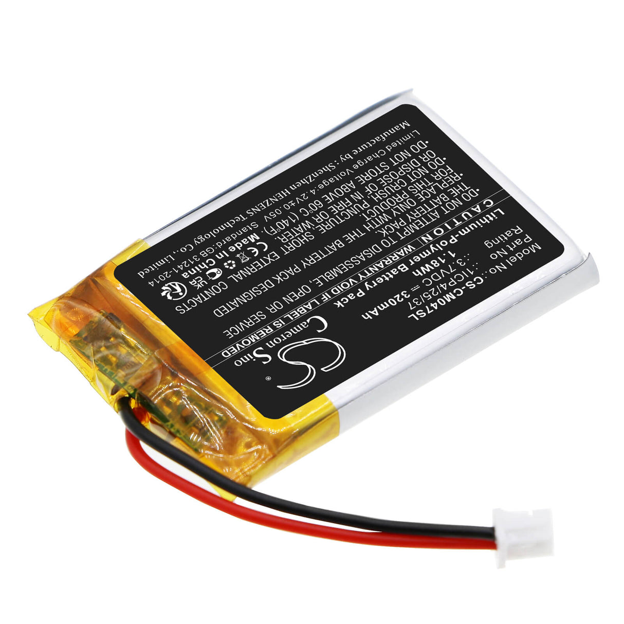 3,7V, Li-Polymère, 320mAh, Batterie Pack s'adapte aux Packs de Batteries Personnalisés, 1icp4/25/37, 1,184Wh Batterie Pack Cameron Sino Technology Limited