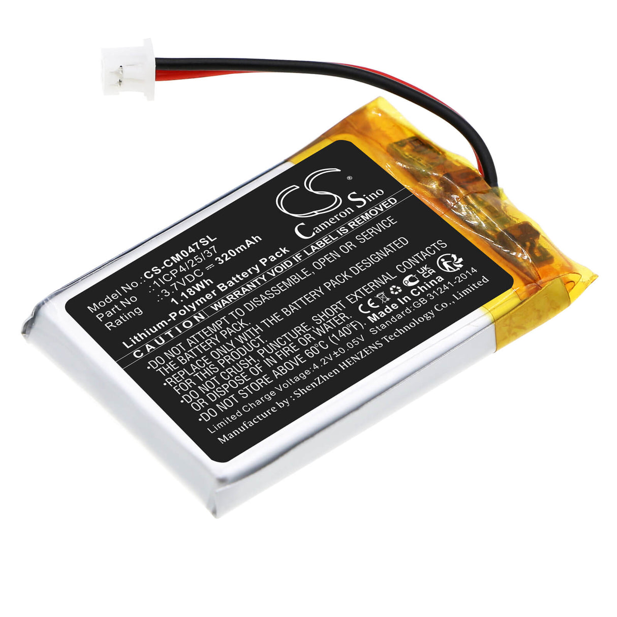 3,7V, Li-Polymère, 320mAh, Batterie Pack s'adapte aux Packs de Batteries Personnalisés, 1icp4/25/37, 1,184Wh Batterie Pack Cameron Sino Technology Limited