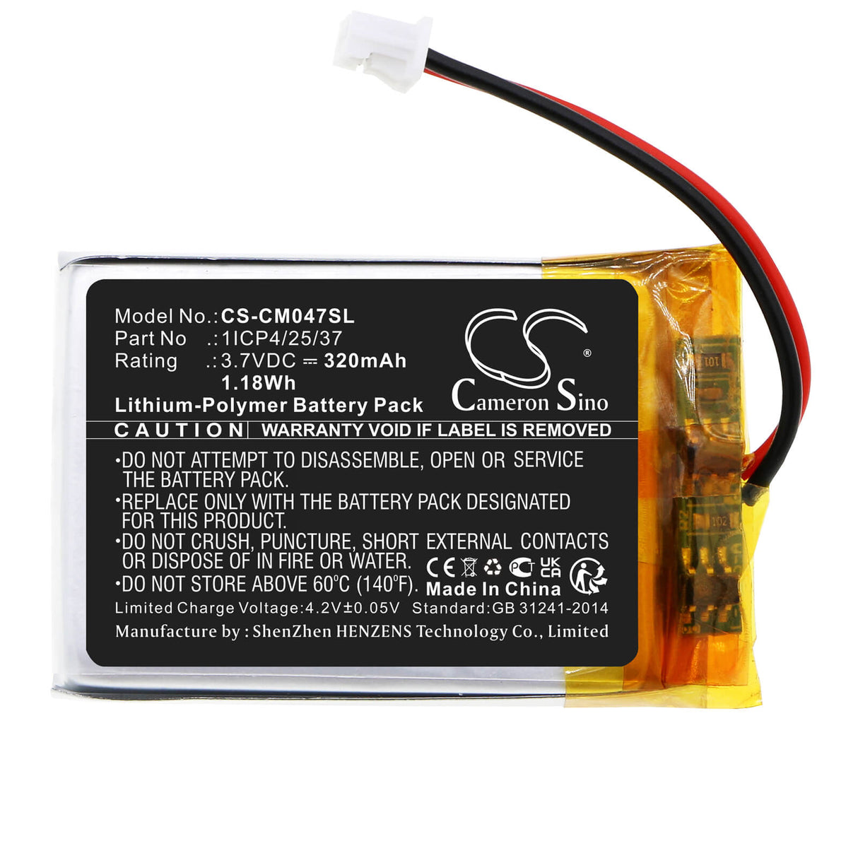 3,7V, Li-Polymère, 320mAh, Batterie Pack s'adapte aux Packs de Batteries Personnalisés, 1icp4/25/37, 1,184Wh Batterie Pack Cameron Sino Technology Limited