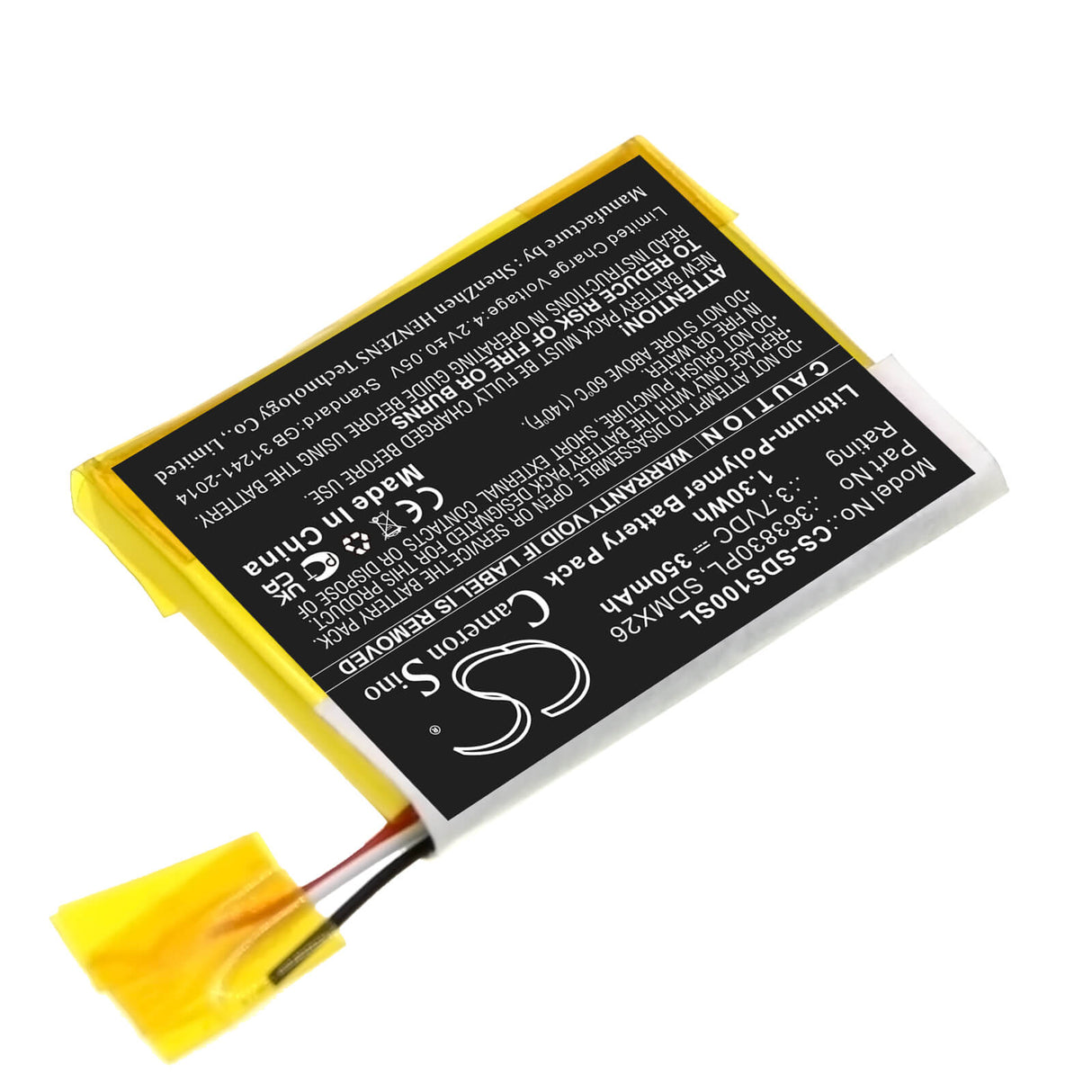 3.7V, Li-Polymer, 350mAh, Media Player battery fits Sandisk, 363830pl, Clip Jam, Sansa Clip, 1.3Wh Media Player Cameron Sino Technology Limited