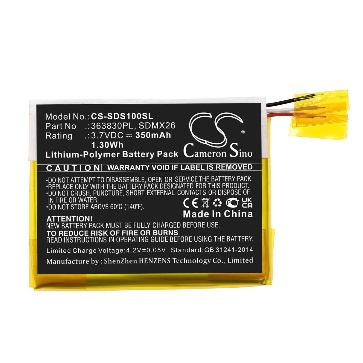 3.7V, Li-Polymer, 350mAh, Media Player battery fits Sandisk, 363830pl, Clip Jam, Sansa Clip, 1.3Wh Media Player Cameron Sino Technology Limited