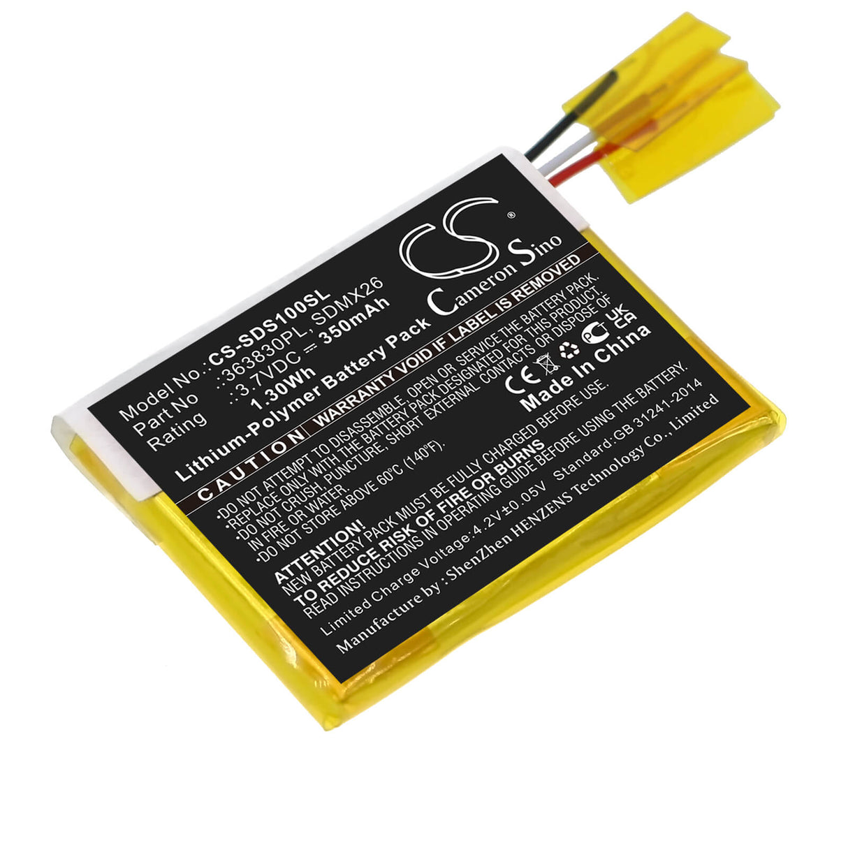 3.7V, Li-Polymer, 350mAh, Media Player battery fits Sandisk, 363830pl, Clip Jam, Sansa Clip, 1.3Wh Media Player Cameron Sino Technology Limited